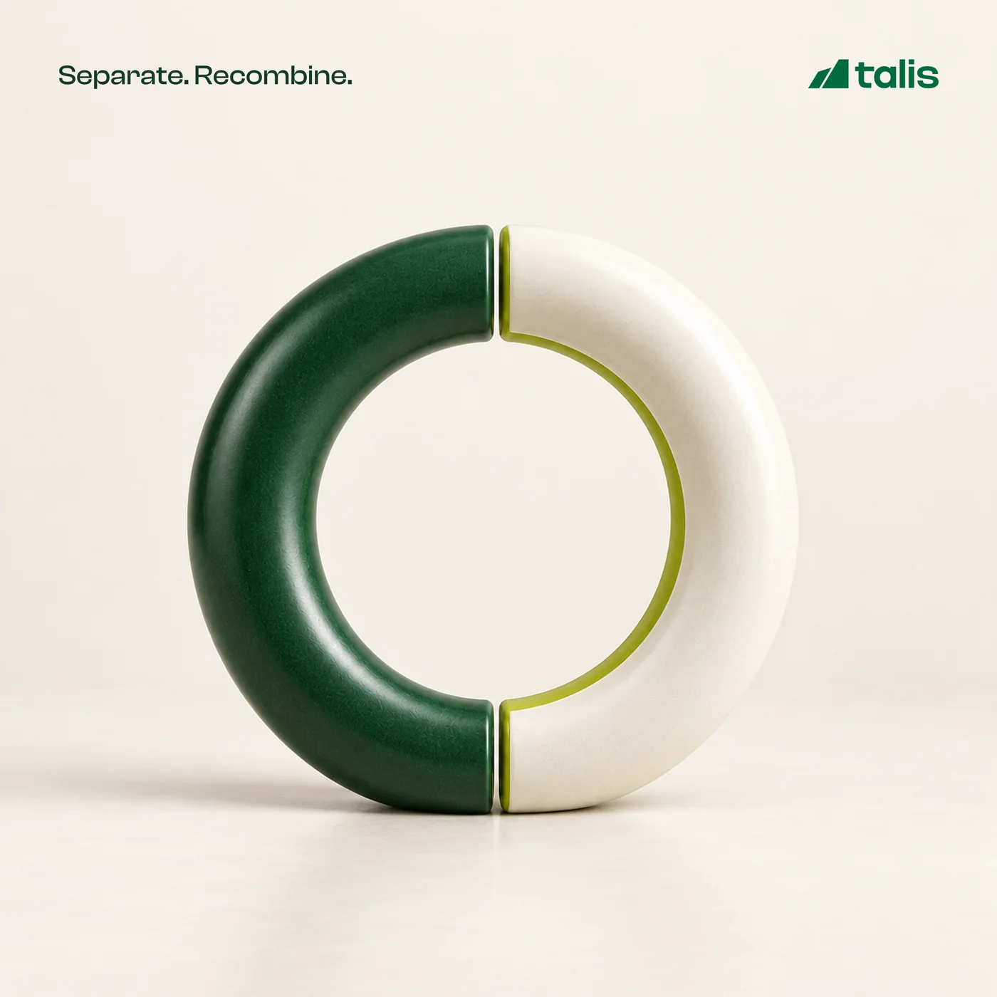 A ring in two halves, one forest green and one ivory, joined by a thin lime seam